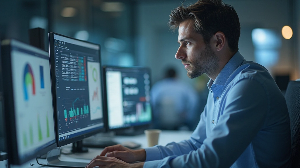 Professional sales consultant reviewing analytics dashboard with client performance metrics and growth trends