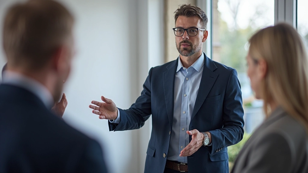 Professional sales consultant presenting growth strategy to diverse business team in modern conference room