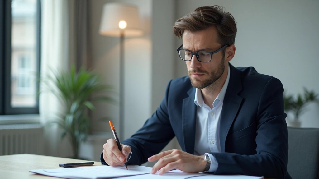 Consultant reviewing market research documents and business development strategy notes at modern office desk