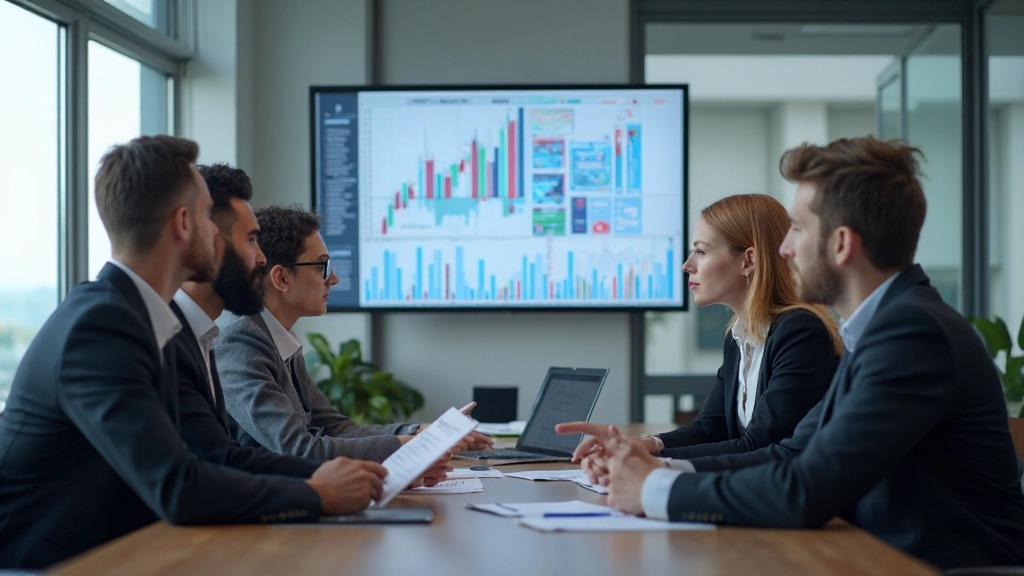 Professional business team analyzing market data and client acquisition strategy in modern conference room