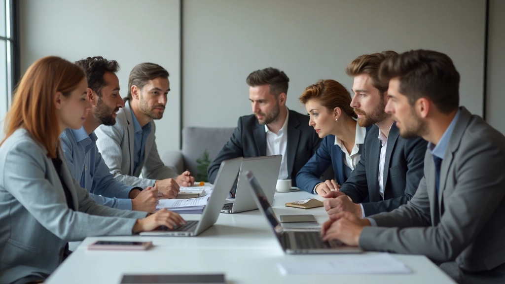Sales team collaborating on pipeline strategy in modern conference room with digital displays