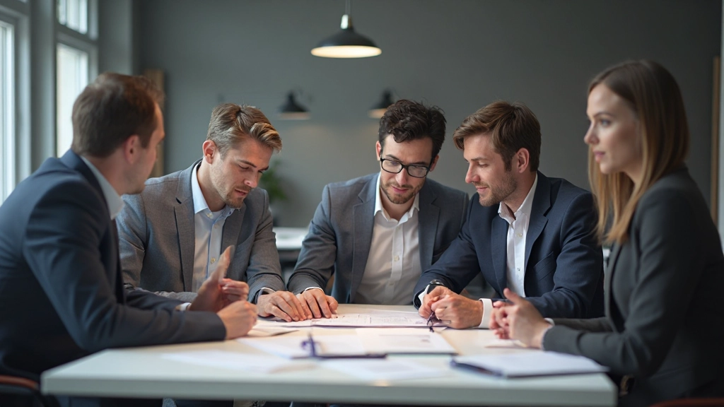 Team of business professionals collaborating during strategic client relationship planning session around conference table