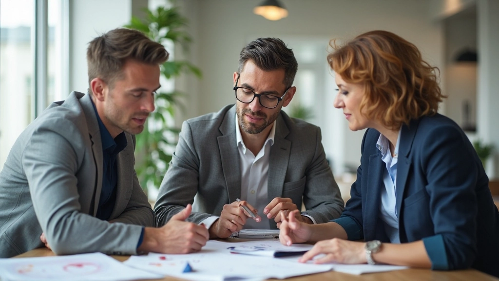 Sales team collaborating on strategy planning with charts and performance metrics visible on workspace