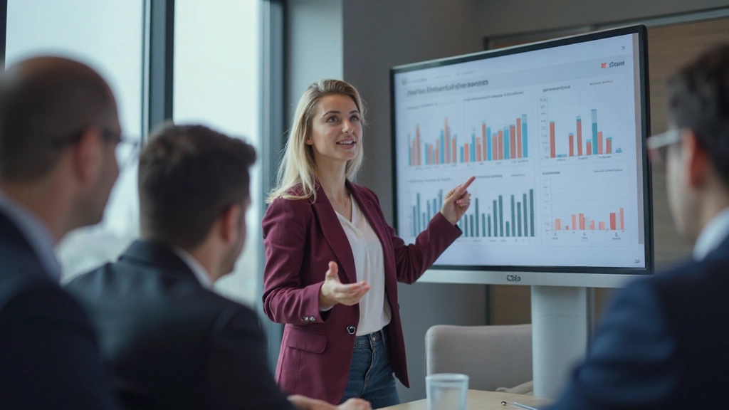 Senior account manager presenting business performance dashboard and growth metrics to client executive team