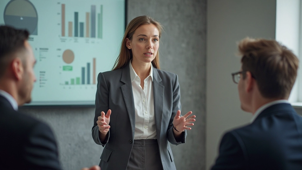 Female business development manager presenting market expansion strategy to team in conference room setting