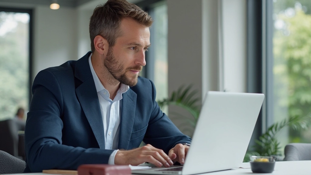 Professional business consultant reviewing client relationship metrics on laptop in modern office environment