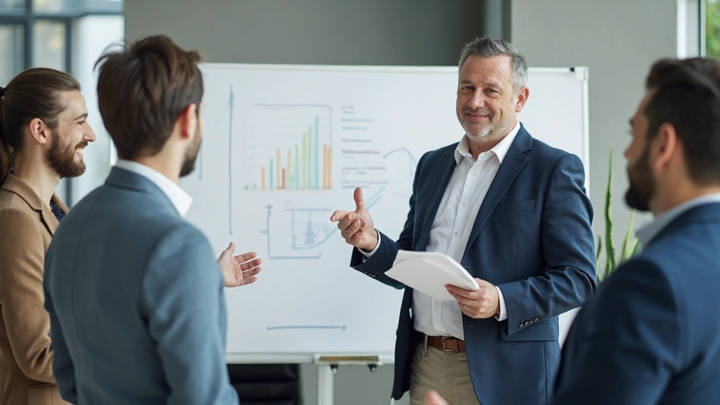 Strategic planning session with revenue growth framework visualization and metrics analysis