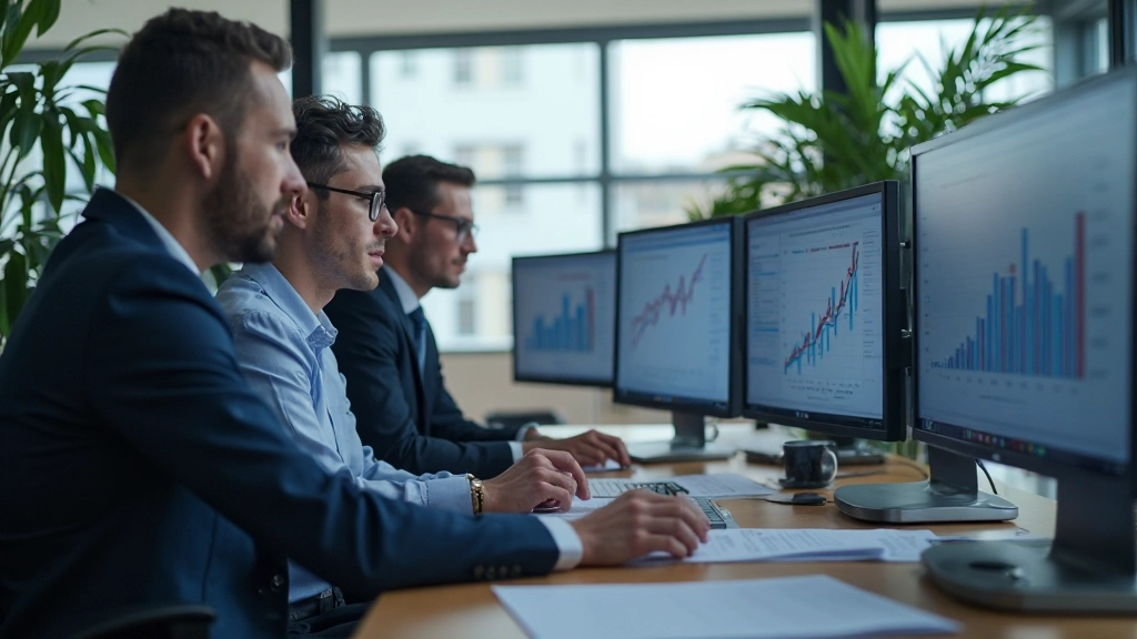 Professional sales team analyzing pipeline data on computer screens in modern office environment
