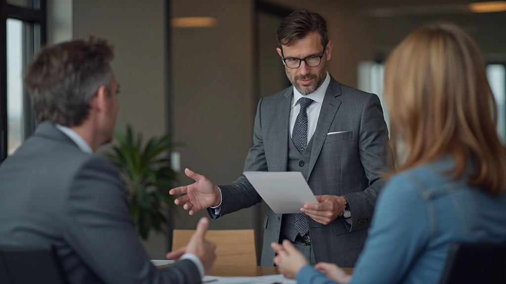 Sales professional presenting business proposal to prospective clients in formal meeting setting