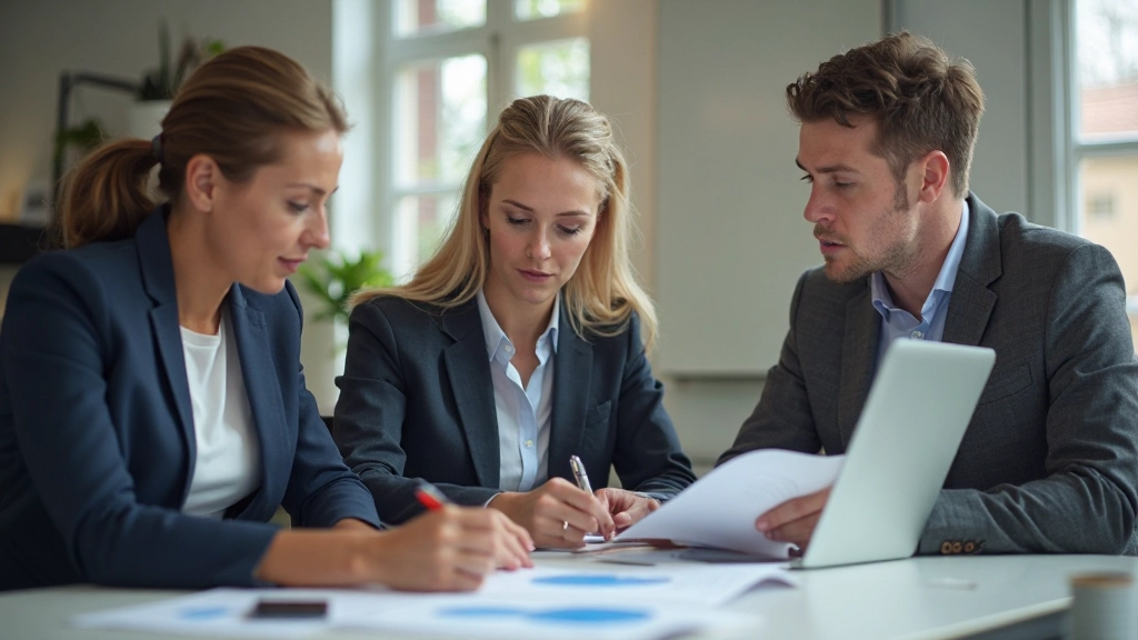 Business team collaborating on market entry strategy using digital planning tools and market research