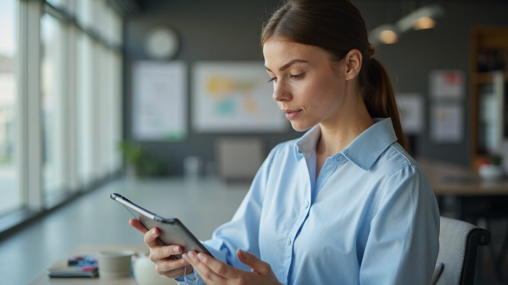 Business consultant analyzing competitive landscape data on tablet in professional setting